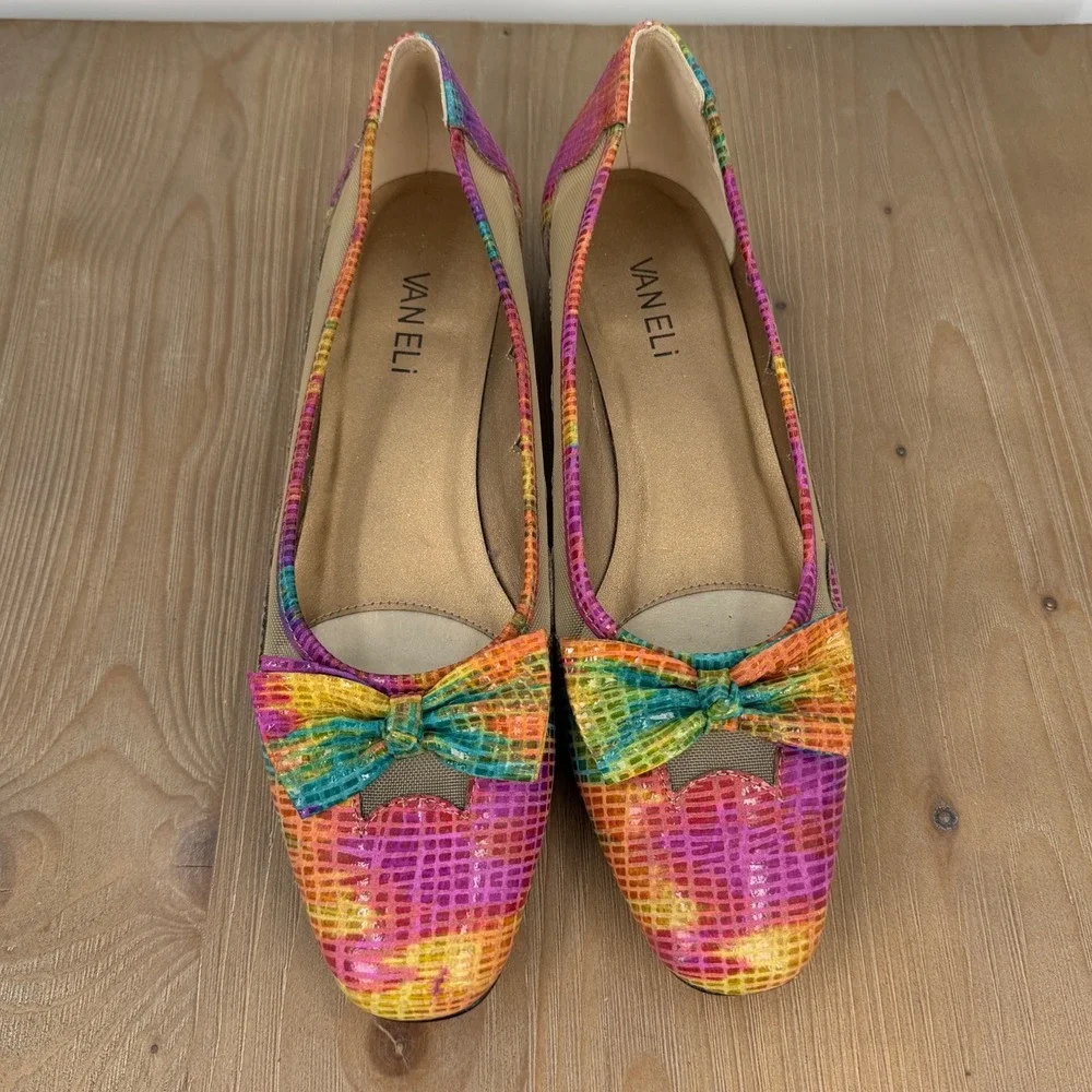 Vaneli Womens 9N Rainbow Snakeskin Print Leather Mesh Bow Flats Pumps Dopamine